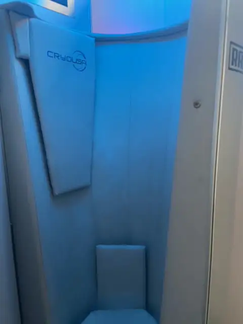 An image with a view of the inside of the cryotherapy machine at Raposo BJJ Academy in Slidell LA, next to a description of the benefits of cryotherapy